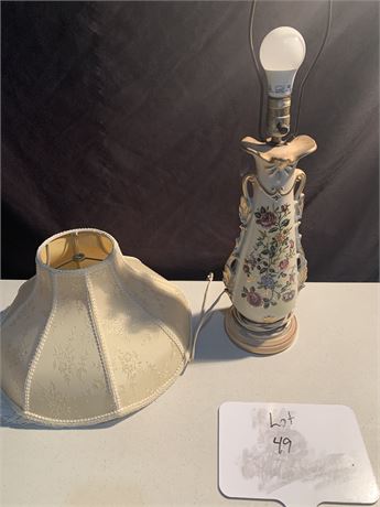 French Provincial Hand Painted Floral Urn Lamp With Shade Bell Fringe Shade
