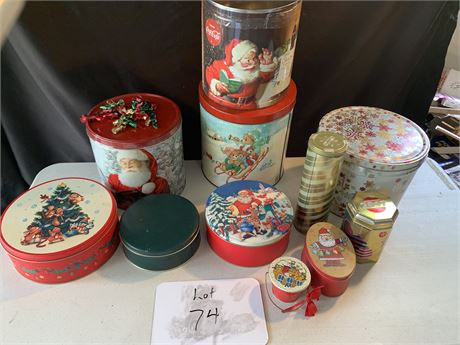 Colorful Christmas Tin Lot Various Sizes Santa Claus Snow Flakes Teddy Bears