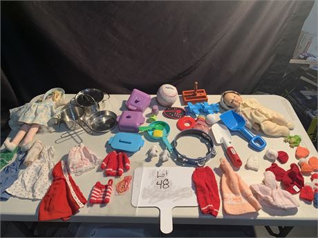 Doll Toy Lot Hand Crocheted Doll Clothes Pots Pans Tambourine Sand Shovels