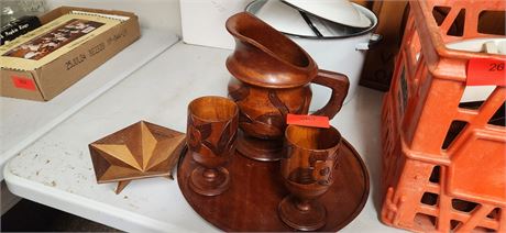 Carved Wooden Pitcher and Mugs