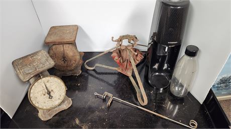 Vintage Christmas Tree Stand & Soda Stream & 2 Vintage Scales. NOT TESTED