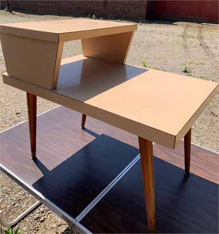 Vintage MCM Decorative White Formica End Table With Wood Legs