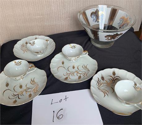 Lefton China Cups And Sea Shell Snack Plates Gold Wheat Pattern And Glass Bowl