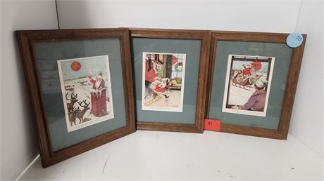 3 Vintage Wood Framed Christmas Pictures. Back Of One Frame Needs Repaired