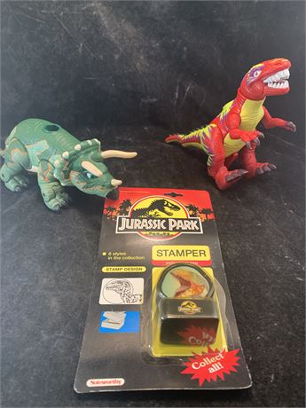 Two Dinosaur Toy Triceratops T-Rex Jurassic Park Stamp T-Rex New In Package