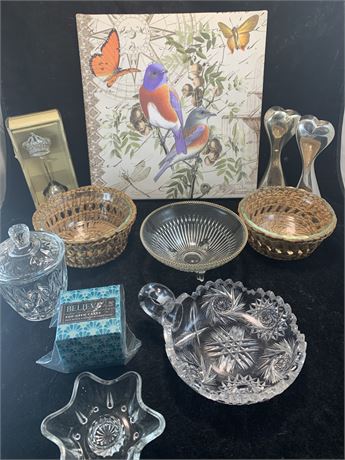 Decorative Glass Bowls Candy Dish Candle Holders Bluebird Art Wall Hanging Lot