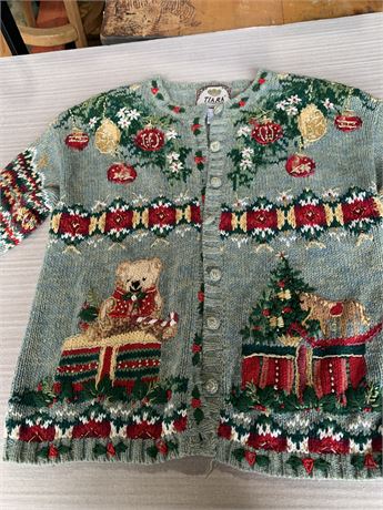 Vintage Christmas Sweater Bear Ornaments Horse Size Small By Tiara International