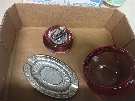 Vintage Glass Lighter & matching Glass Ashtray & Metal Ashtray