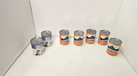 5 Cans Of Blue Buffalo Large Dog Breed Food & 2 Cans Of Jolly Joint Canned Food.