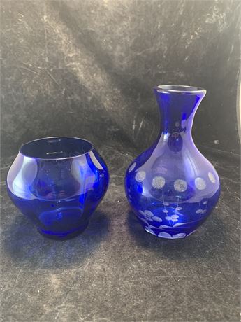 Bohemian MCM Cobalt Blue Glass Thumbprint Water Carafe With Vase Or Bowl