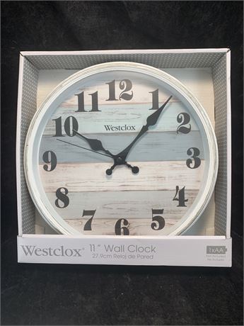 Westclox Round White Framed Wall Clock With Coastal Faux Wood Background NEW