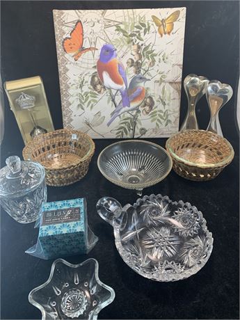 Decorative Glass Bowls Candy Dish Candle Holders Bluebird Art Wall Hanging Lot