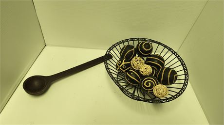 Wire Basket & Wood Decorative Balls & Wood Spoon