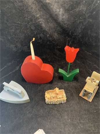 Vintage Wood Decor Lot Heart Candleholder Tulip Iron Desk