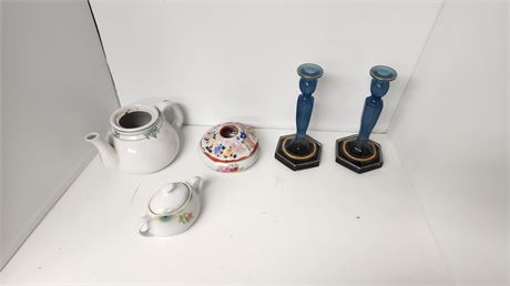 2 Unique Candlesticks & Miscellaneous Glass Items