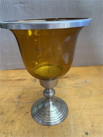 Amber Glass And Silver Metal Goblet Chalice Shaped Candleholder