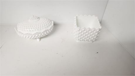 2 Hobnail Milk Glass Bowls. One Marked Fenton