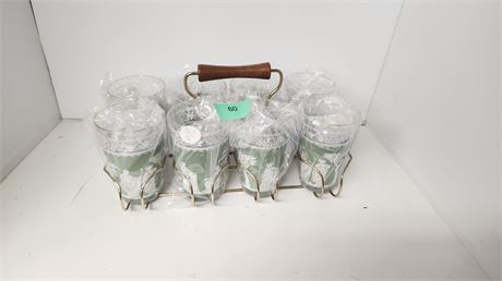Set Of 8 Vintage Green Drinking Glasses & Storage Rack