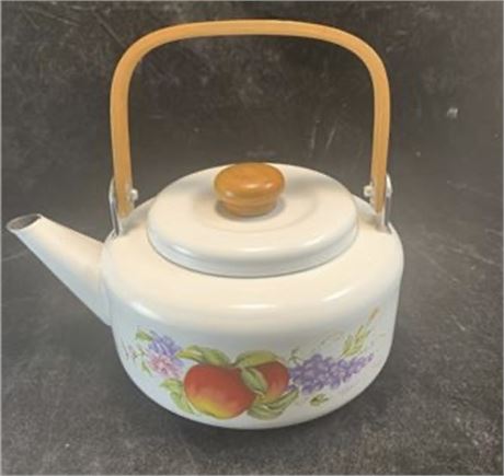 Vintage 80s Enamel Tea Kettle Pot With Bamboo Wood Handle And Fruit Pattern