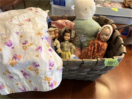 Vintage Dolls, Basket, Handmade Children's Clothes