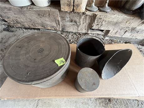 Antique Metal Pans, Funnel, Bucket
