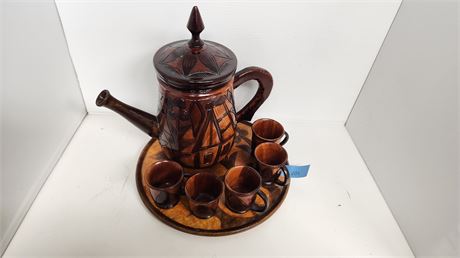 Hand Carved Wooden Tea Pot Set With 5 Cups & Tray