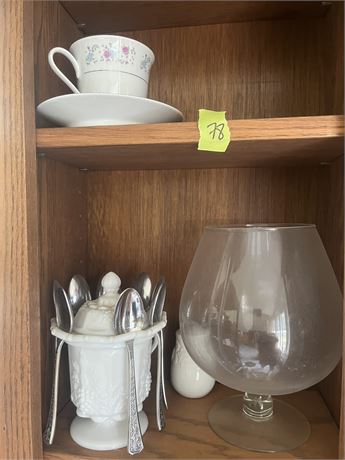 Shelf Lot, Milk Glass Sugar Dish with Spoons, Glass Vase, Tea Cup