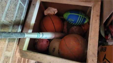 Wood Crate With Baseball Bat & Various Sports Balls