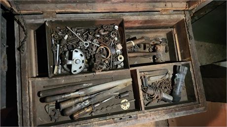 Large Wood Tool Box With Miscellaneous Hardware & Tools