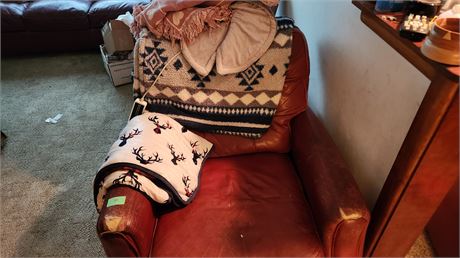 Red Leather Chair & Blankets