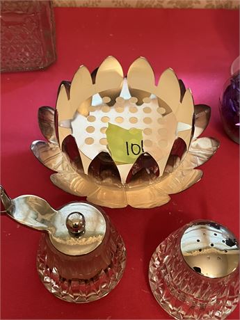 Vintage Silver Plate Flower Candle Holder, Salt and Pepper Shakers