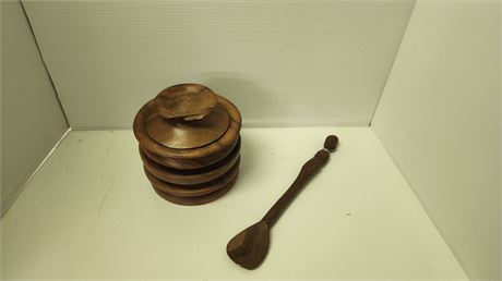 Wood Carved Spoon & Bowl. Lid Has Damage