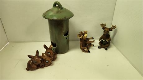 Bunny Statue & Moose Statue & Hanging Decoration That Has a Chip In It.