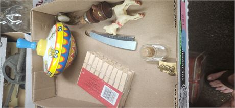 Vintage Wood Bottle Stopper & Tin Toy top & Miscellaneous Items
