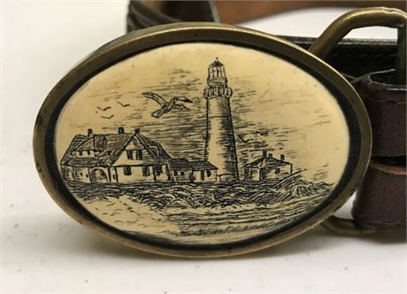 Vintage BTS Solid Brass Scrimshaw Belt Buckle
