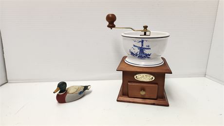 Ceramic & Wood French Coffee Grinder/Coffee Mill With Windmill Design& Avon Duck