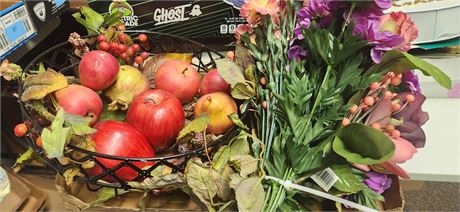 Lot Of Artificial Fruit & Flowers & Basket