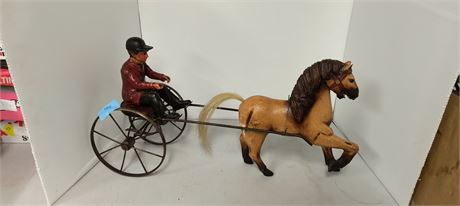 Horse & Jockey. Wood Horse & Jockey & Metal Buggy. Horse Leg Needs Repaired