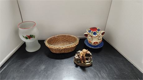 Pig Cookie Jar Lid & Wicker Basket & Angel figurine