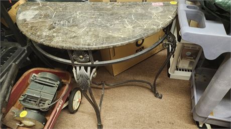 Wood Table With Marble Design And Metal Base. Corner Needs Repaired