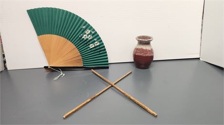 Small Oriental Fan & Mini Pottery Vase & Chopsticks