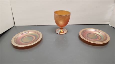 Orange Marigold Carnival Glass Cup & 2 Carnival Glass Plates