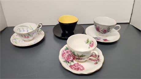 4 Vintage Tea Cups & Saucers. Black Saucer Is Chipped
