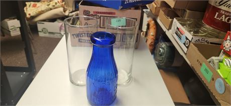 Small Blue Milk Jar & 2 Drinking Glasses