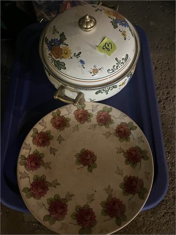 Vintage Enamelware Pot Floral with Brass Handles, Plate