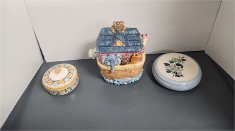 Small Noah's Ark Cookie Jar & Trinket Boxes.Yellow & white Container Is Chipped