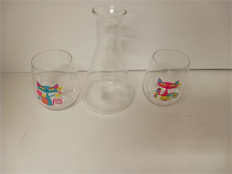 2 Tiki Cat Wine Glasses & Glass Beaker Flask Bottle