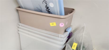 Lot Of Storage Totes & Lids. The Lids Have Writing On Them