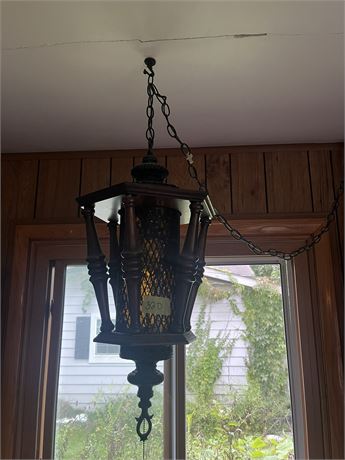 Vintage Wooden Gothic Spanish Swag Hanging Light Fixture