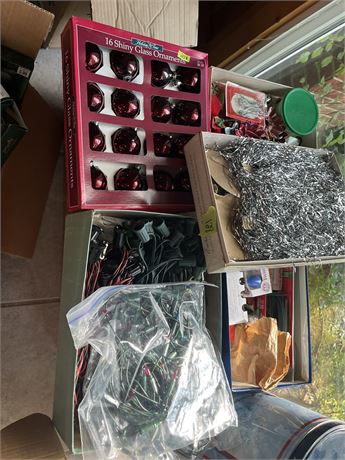 Christmas Decor, Bulbs, Tinsel garland, lights